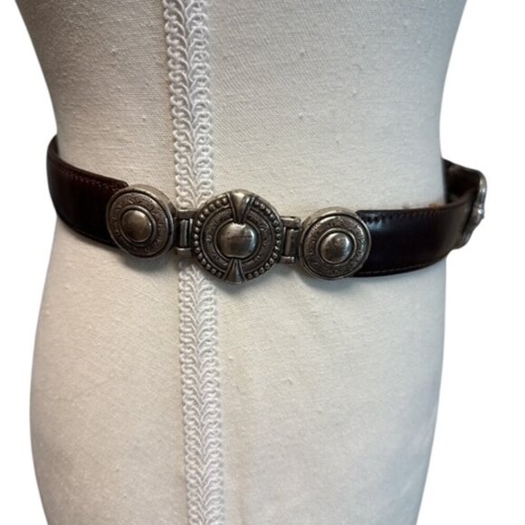 Fossil Skinny Belt Brown Leather Womens S Ornate Silver Metal Buckle and Keeper - Picture 9 of 11